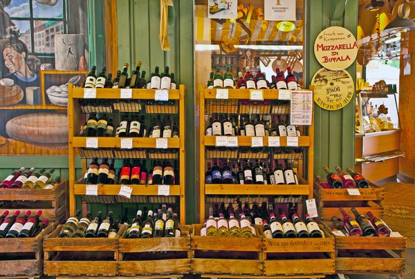 MUNICH, GERMANY - MAY 24,2014. German and international wines on display at one of many gourmet shops at Viktualien Markt in Munich center, food landmark for habitués and tourists